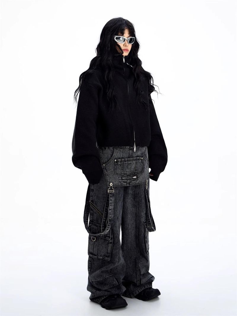 Herrenbekleidung Nische Funktionaler Stil Jeans Design Retro Hosenträger Design Jeans Nischen Nähte Freizeithose Trend_voghion.com