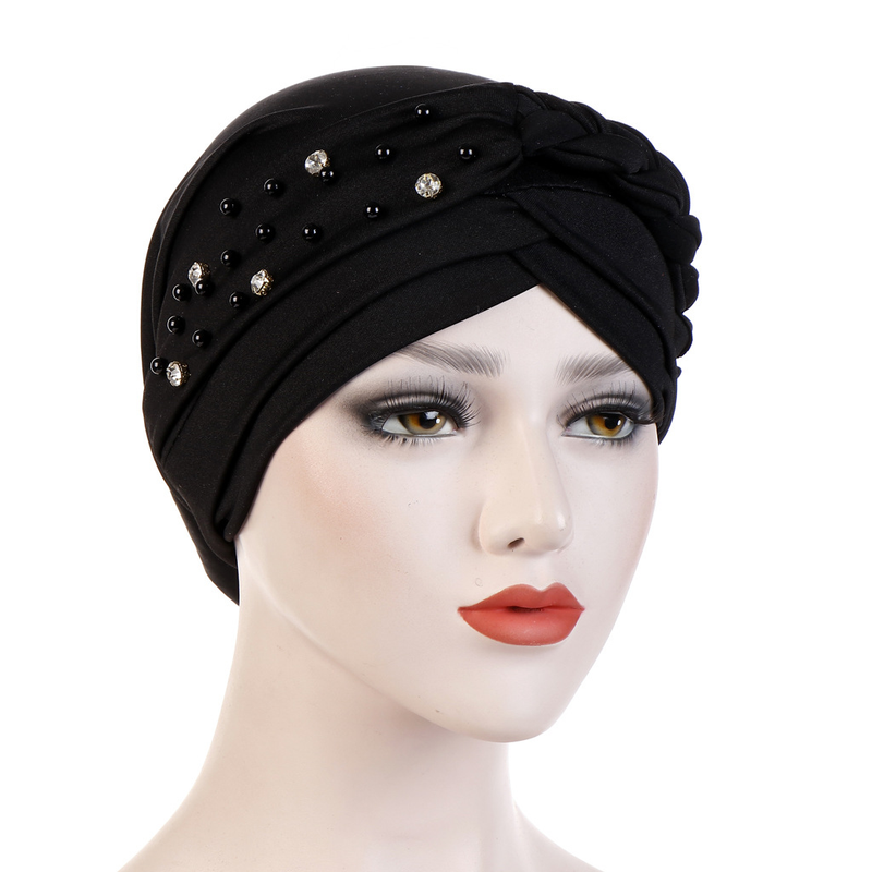 New Spring and Autumn Style Muslim Baotou Hat Monochrome Single Strip Single Side Beads Drill Whip Turban Hat_voghion.com