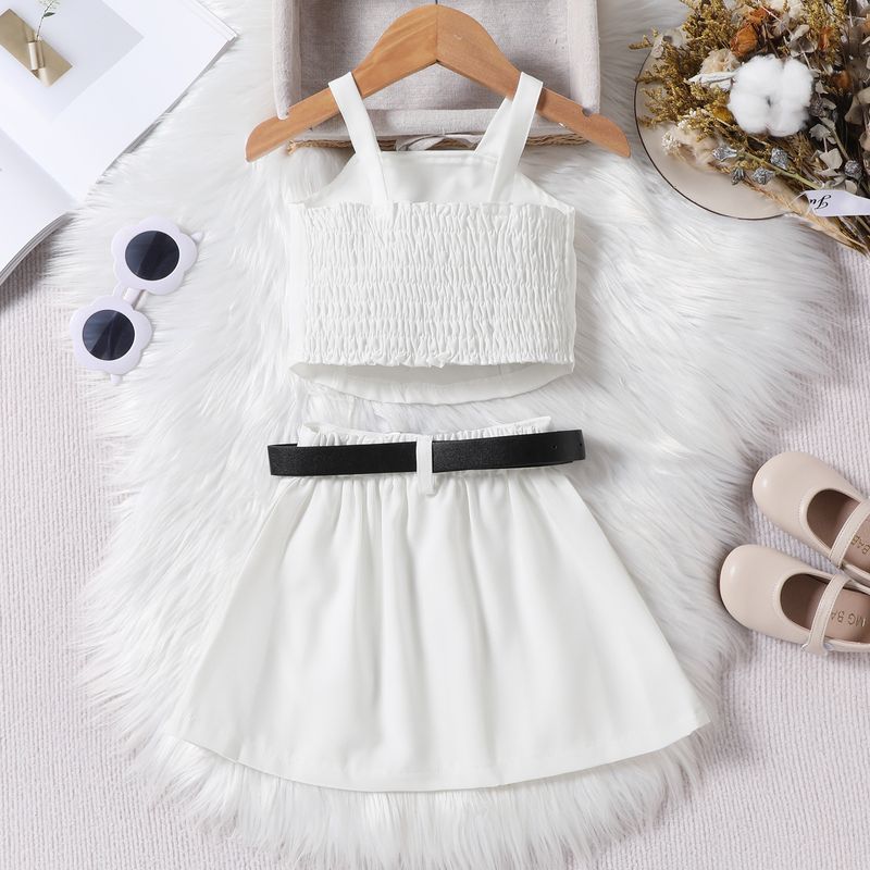 Summer children's solid color suspender wrap vest pleated short skirt belt trendy girl set_voghion.com