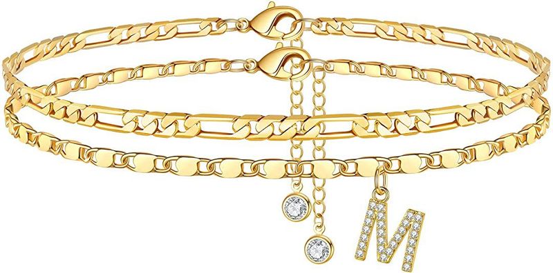 14K Gold Plated Delicate Layered Figaro Chain CZ Initial Anklet Set - Perfect Summer Gift For Women_voghion.com
