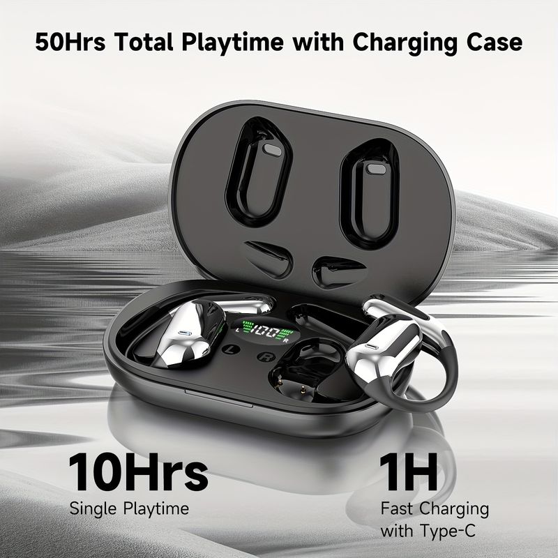 Open BT 5.4 Headphones, Wireless Earbuds Sport Over Earphones Built-in Mic with Hooks 50H Playtime Ear Buds LED Display_voghion.com
