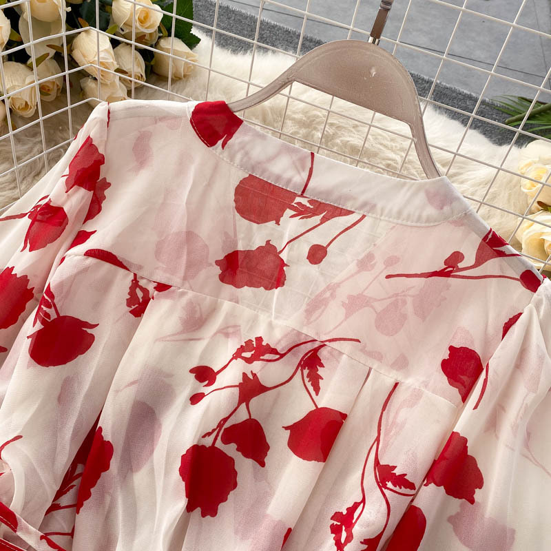 Chemise courte en mousseline de soie imprimée de style resort pour femmes, avec jupe fendue à bords d'oreilles funky, ensemble deux pièces tendance_voghion.com