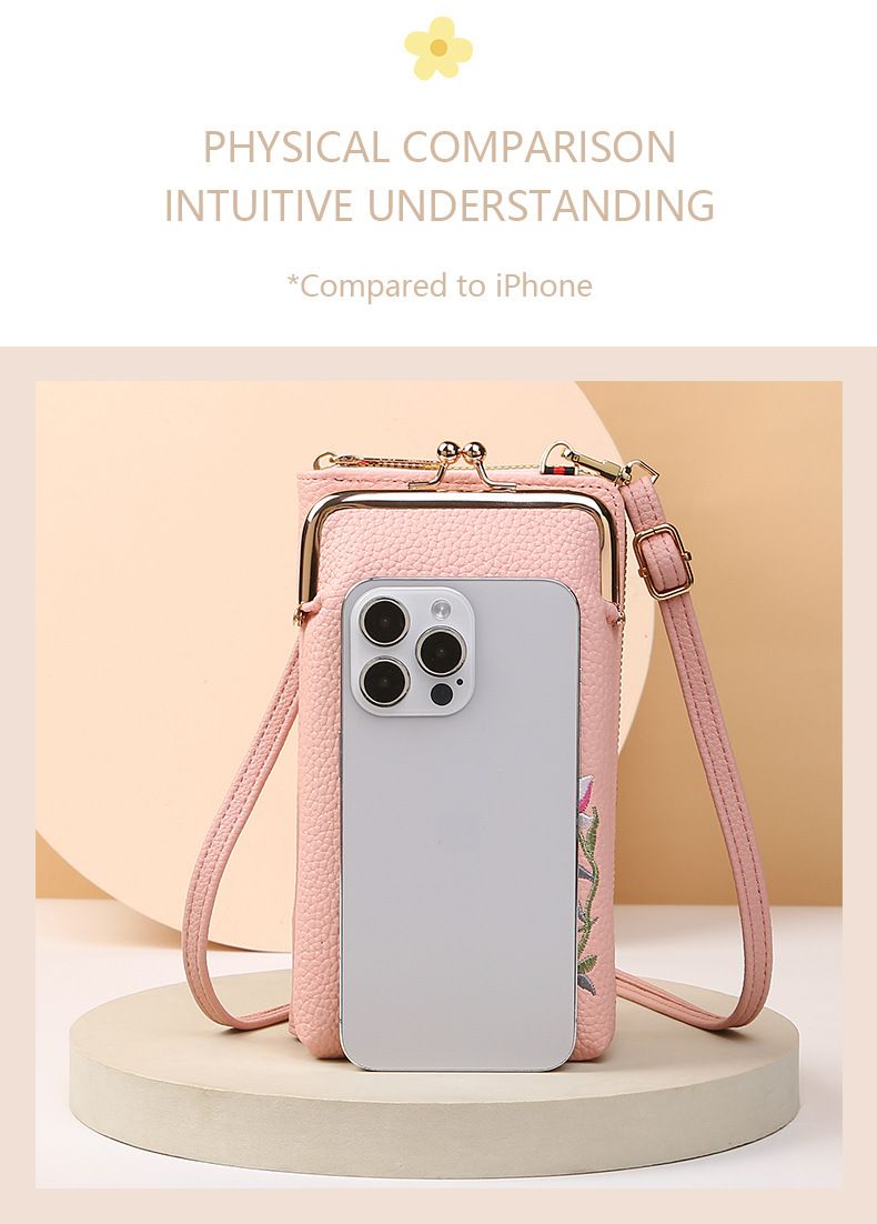 2024 New Women's Mobile Phone Bag Korean Edition Fashion Lychee Pattern Solid Color Embroidery Oblique Span Shoulder Bag_voghion.com