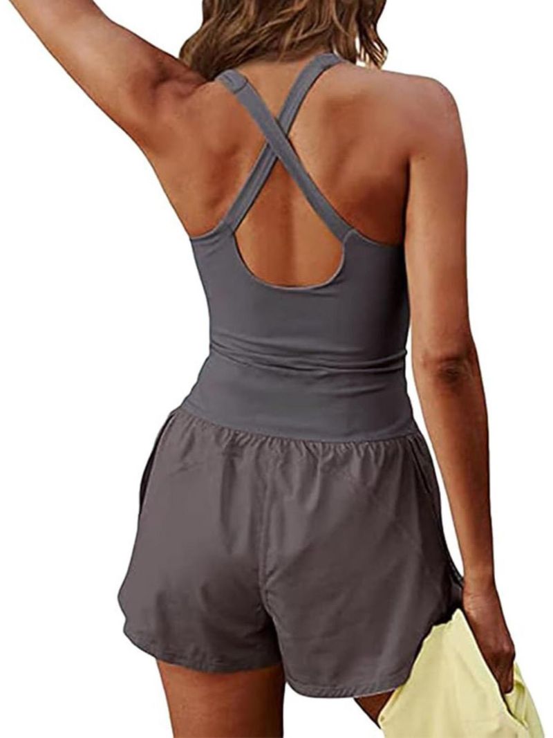 Tweedelige Illusion U-hals afslankende modieuze tanktop met aansluitende shorts, effen kleur, open rug, uitgeholde strakke romper voor dames_voghion.com