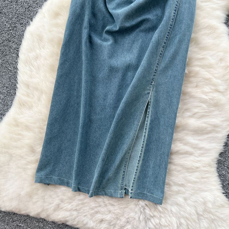Abito estivo da donna in denim con spacco sottile, stile maturo, stile retrò, con scollo a V e maniche corte, in pizzo, con gonna lunga_voghion.com
