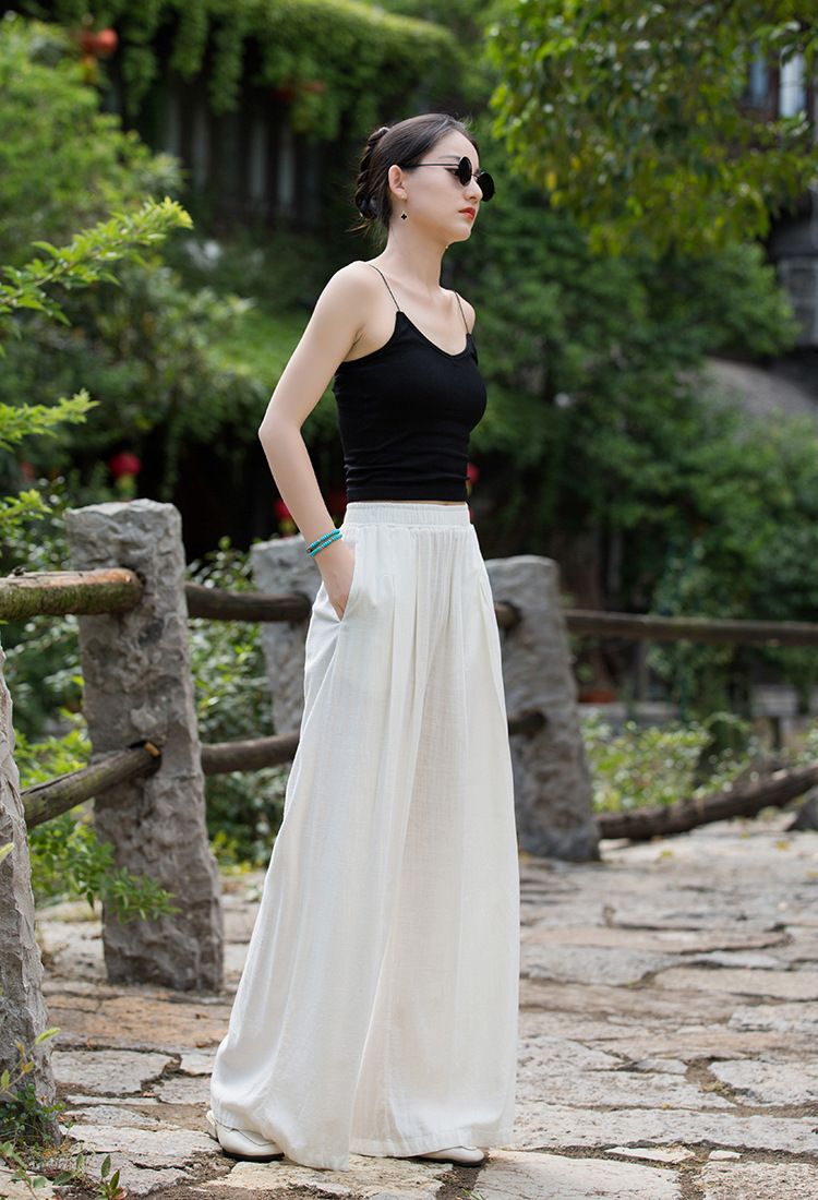 Women's Clothing Textured Linen Versatile Version Lengthen Legs Elegant and Chic Women's Skirt Pants Wide-leg Pants_voghion.com
