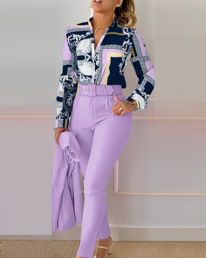 Damenmode-Modedruck-Langarmoberteil einfarbiges Hosenset mit Gürtel_voghion.com