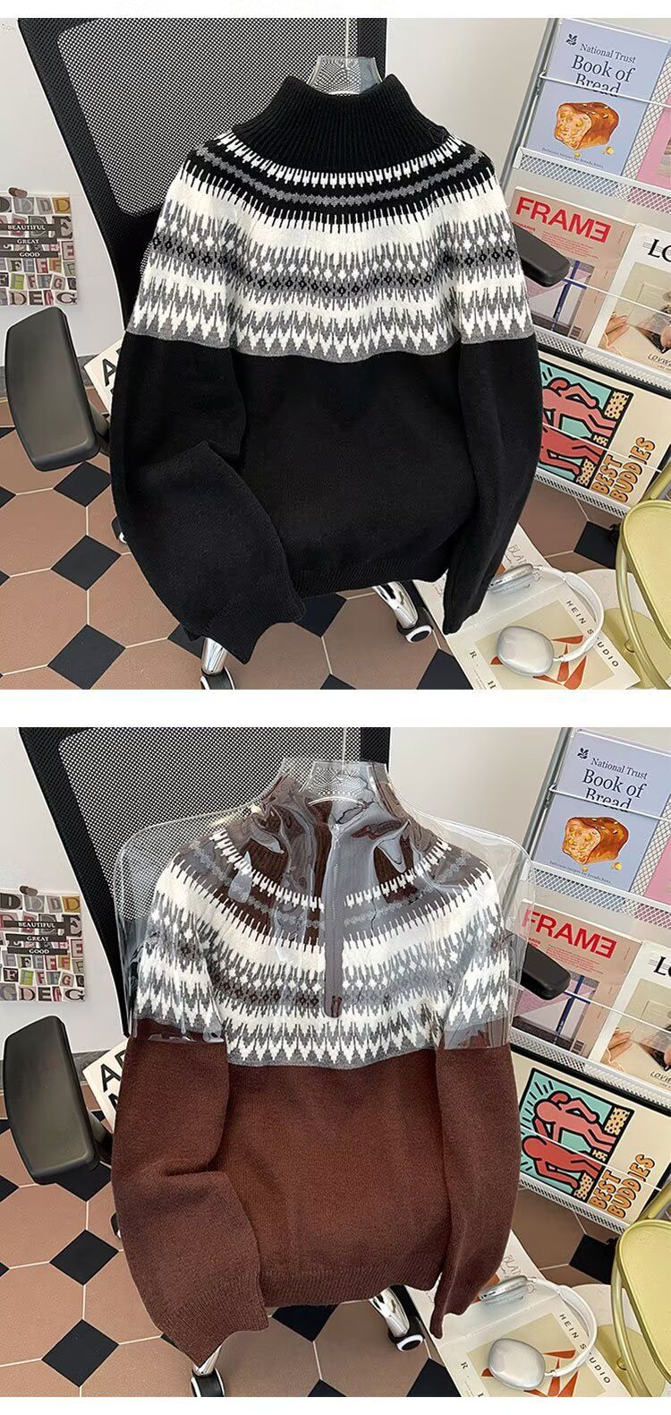 Vintage Fair Isle Wollpullover mit halbem Reißverschluss – gemütlicher Oversize-Strickpullover für Männer und Frauen, warme, lockere Passform, lässige Winterkleidung (Braun, Grau, Schwarz)_voghion.com