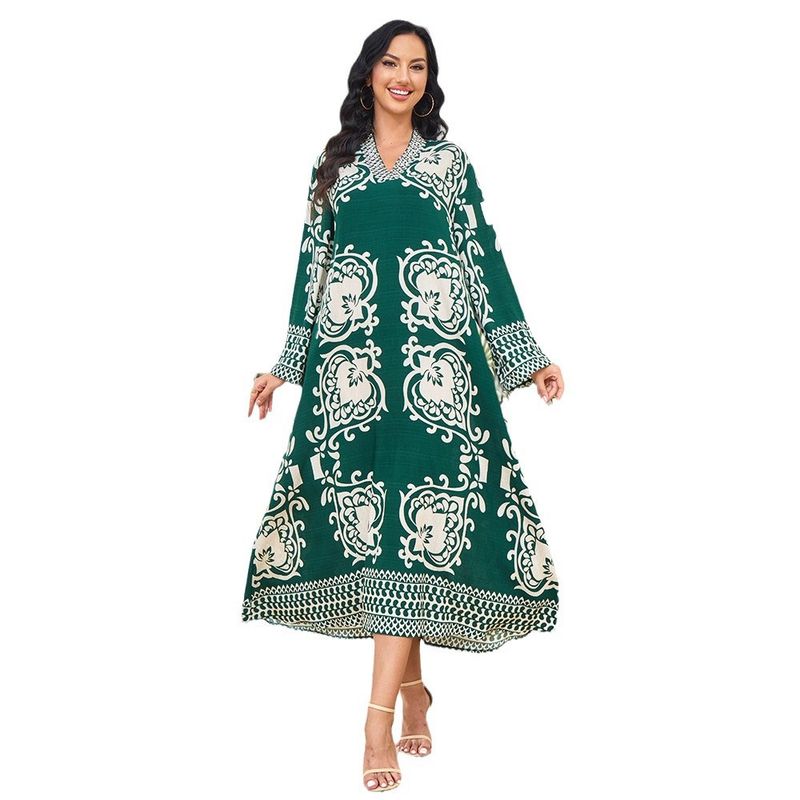 Clothing Factory Muslim Robe Women's Long New Printed Diamond Set Dubai Dress_voghion.com