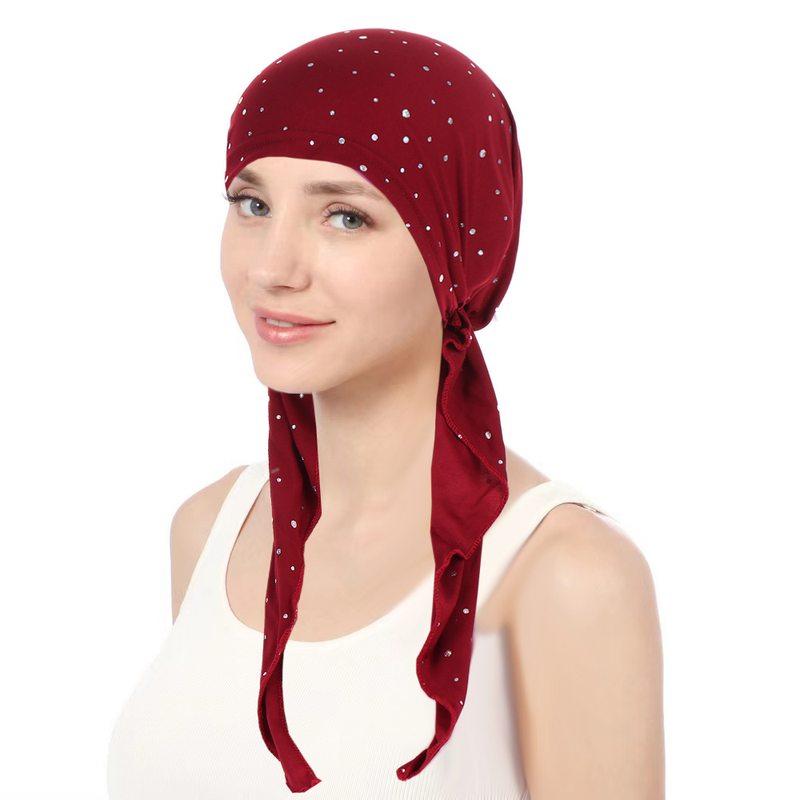 Women's Hats sequin headscarf chemotherapy cap curved solid color cap multi-color strap elastic pullover cap_voghion.com