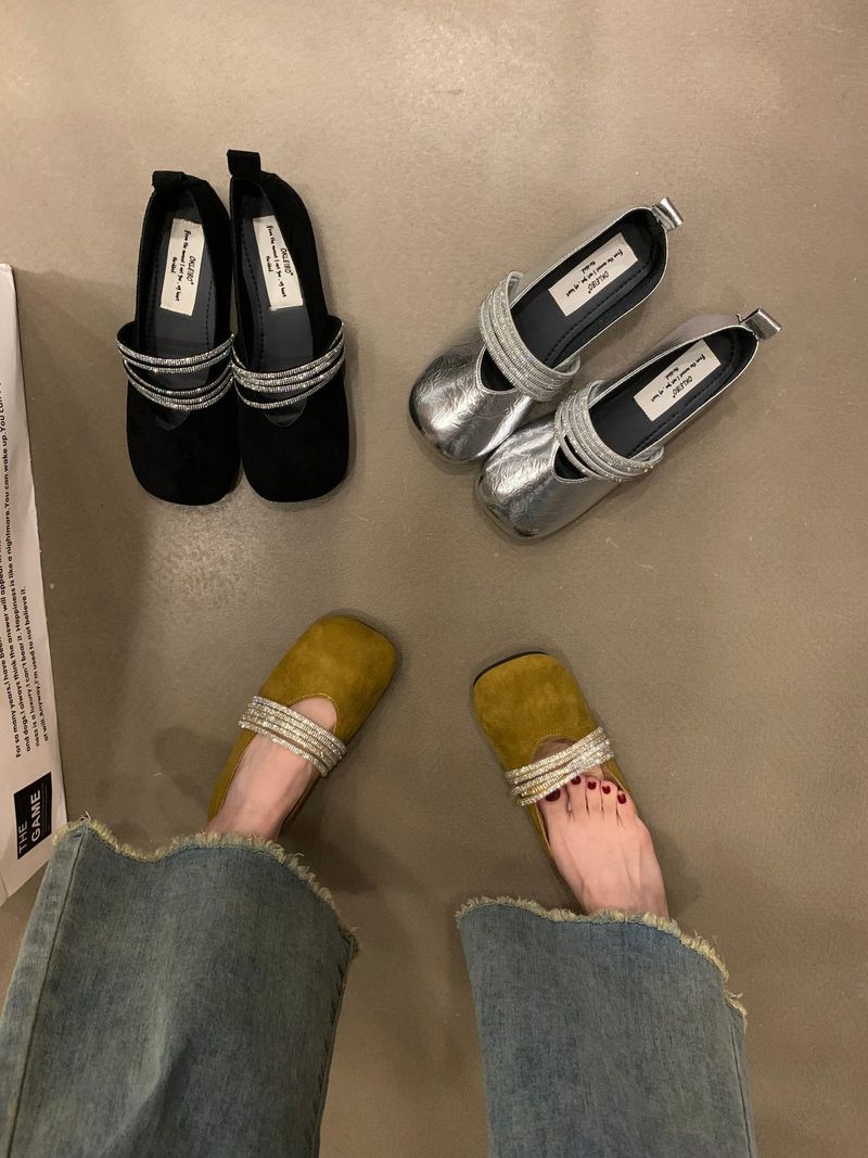 Strass mit Ballett-Mary-Jane-Schuhen, quadratischer Kopf im Frühling und Herbst, flacher Mund, vielseitige, flache französische, sanfte Einzelschuhe_voghion.com