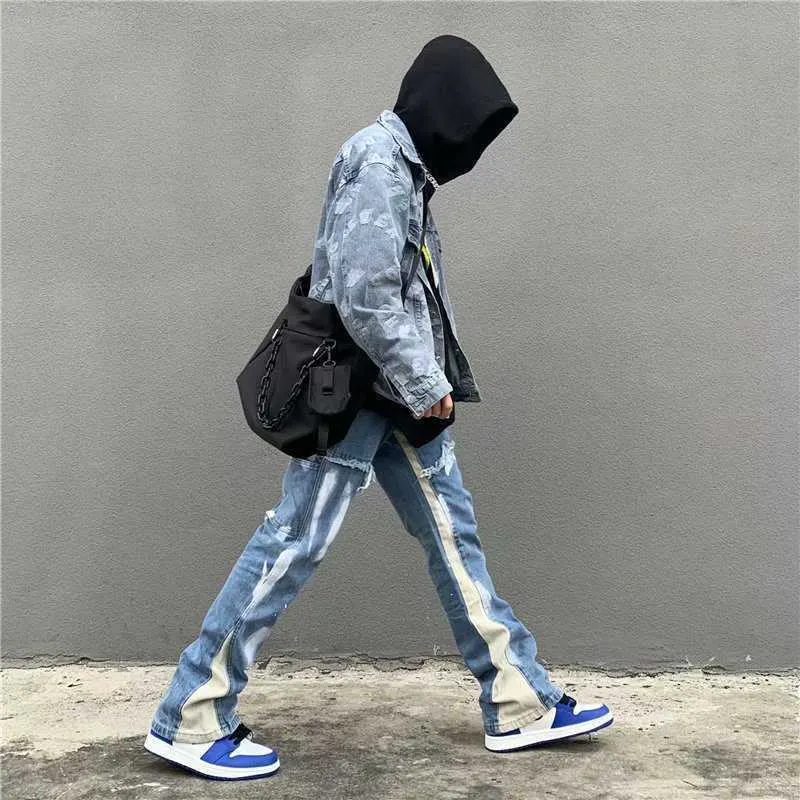 Mannen 2022 Vibe Stijl Patchwork Gewassen Baggy Mannen Flare Jeans Broek Kleurblok Rechte Losse Vintage Denim Broek_voghion.com
