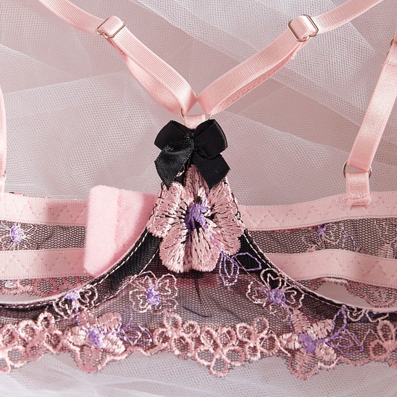 Embroidered Hollow Sexy Lingerie Set Open Crotch Pure Desire Style Girl Three-Point High-End Bra_voghion.com