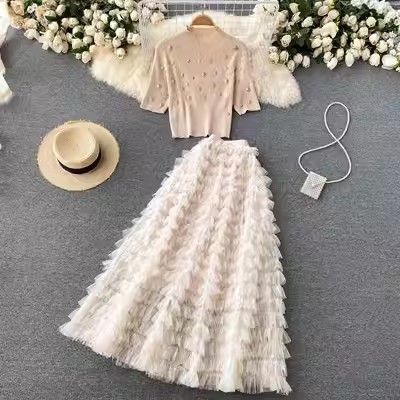Haut tricoté à perles lourdes pour femmes, coupe cintrée, haut court en maille, jupe mi-longue, ensemble deux pièces_voghion.com