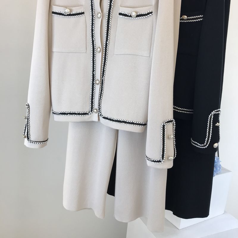 Kadın moda yuvarlak boyun örme hırka üst geniş bacak pantolon iki parçalı set_voghion.com