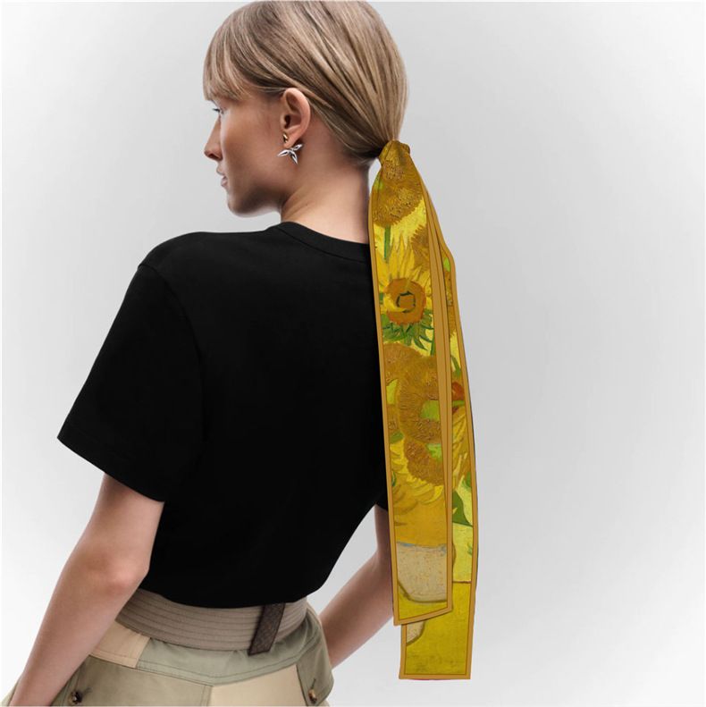 Small Fresh Sunflower Flat Corner Long Double Layer Satin Scarf Instagram Summer Women's Decorative Hair Binding_voghion.com