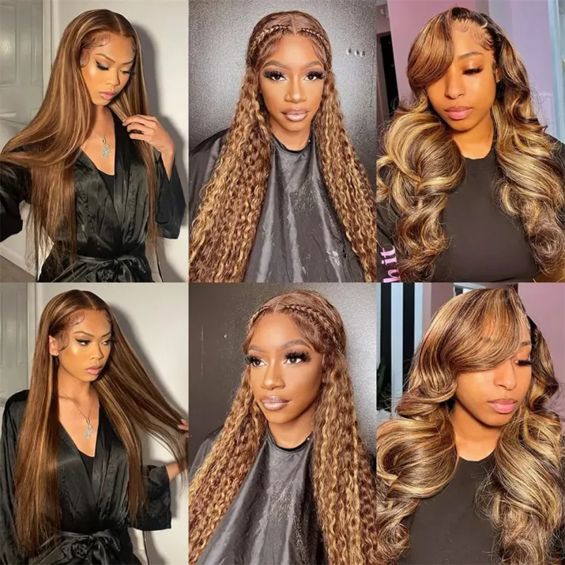 4/27 Highlight Water Wave Human Hair Wig 13x4 Lace Frontal Human Hair Wig For Women Curly Wig Transparent Lace Front Wig 180%_voghion.com