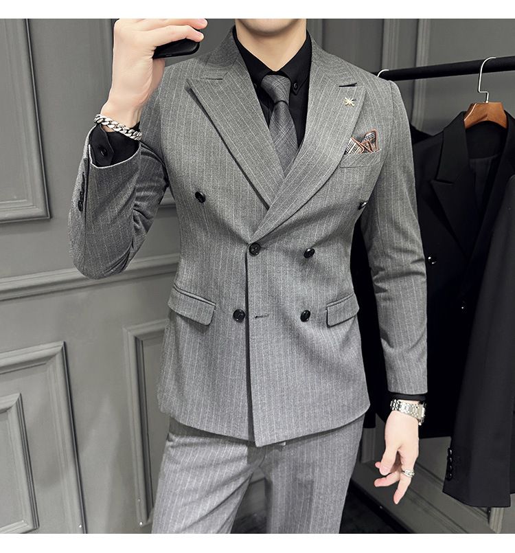 Britu stila moderns svītrains divrindu vīriešu līgavaiņa, līgavaiņa, kāzu kleitas, trīsdaļīga uzvalka komplekta tendence_voghion.com