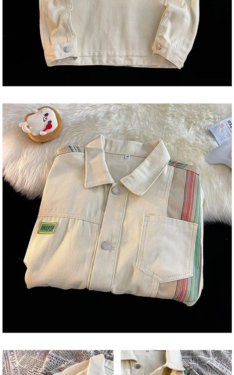 Jeanshemdjacke im Hongkong-Stil für Herren – Übergroßer Vintage-Mantel zum Knöpfen mit Kontrastbesatz und schrägem Saum_voghion.com