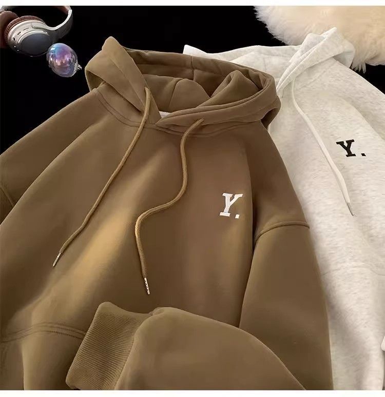 Felpa con cappuccio e stampa di lettere in velluto Silver Fox, versione coreana, stile coppia, giacca sportiva casual autunnale e invernale per uomo_voghion.com