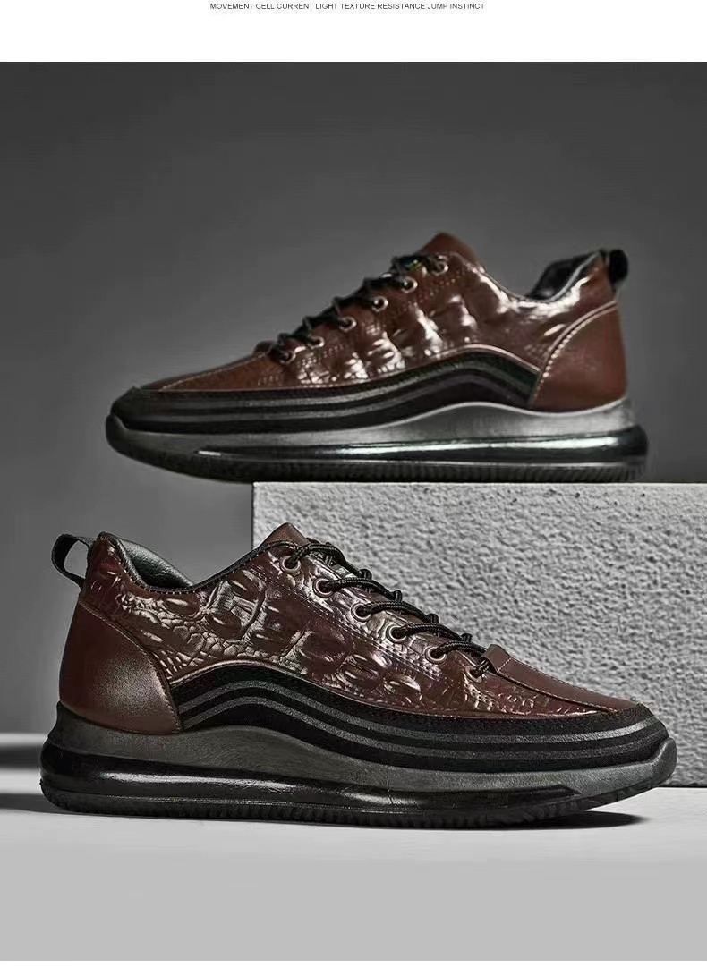 2024 Spring New Crocodile Pattern Leather Casual Trendy Elevated Bottom Lacing Men's Shoes_voghion.com