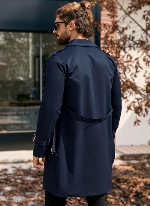 Herren Zweireihiger Trenchcoat Lang Slim Fit Lässiger Mantel Polyester Klassisch Blauer Mantel Für Herbst Frühling_voghion.com