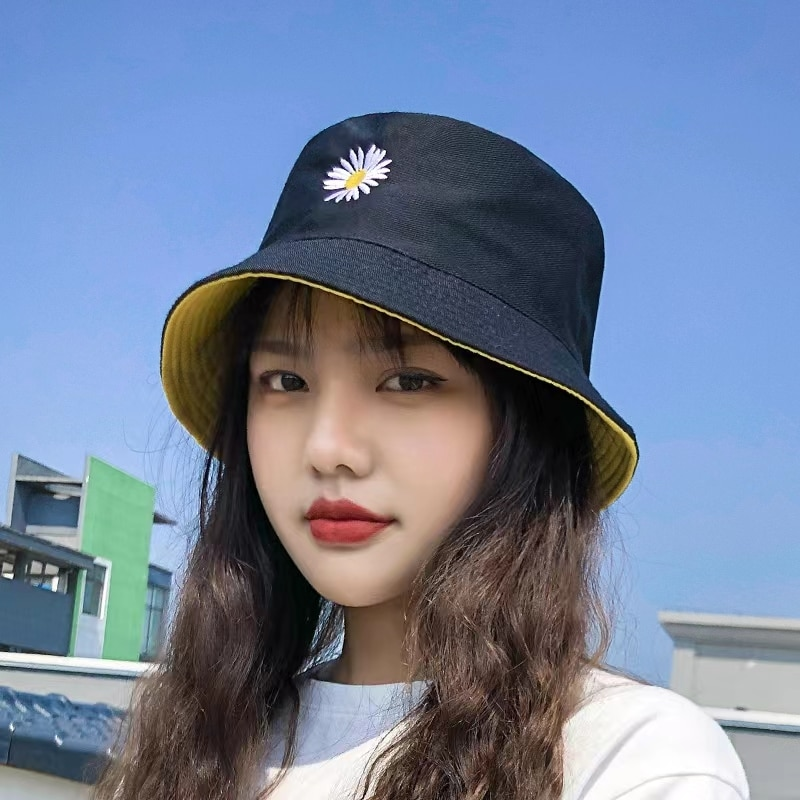 Women's Double-sided Embroidered Smiley Fisherman Hat Wholesale Double Sided with Basin Cap Seasonal Sun Hat Bucket Hat_voghion.com