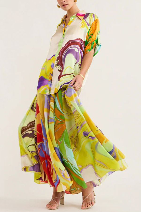 Silk Shirt Skirt Fashion Casual Printed Three Quarter Sleeve Top Two Piece Suit_voghion.com