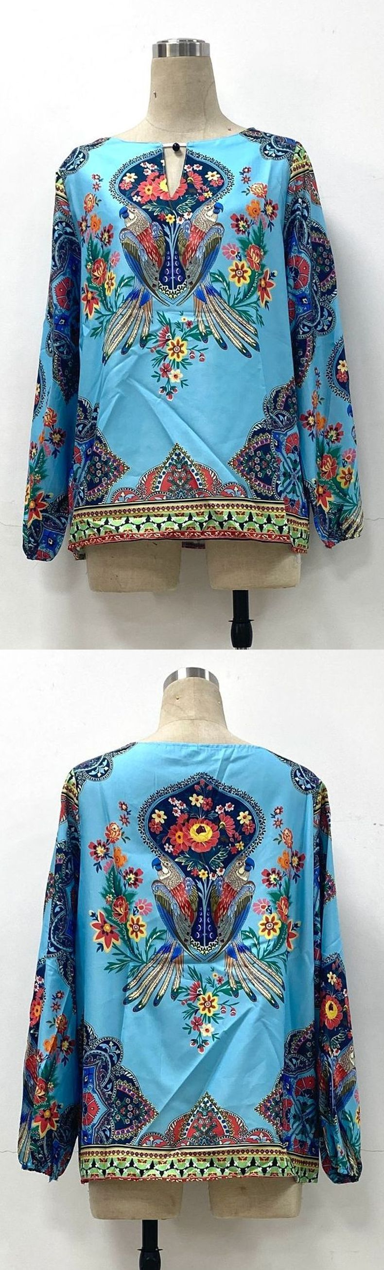 Women's personalized digital printed round neck lantern sleeve shirt_voghion.com