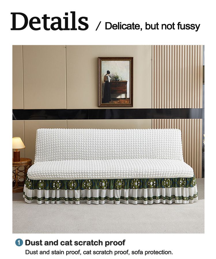 Thickened Bubble Gauze Sofa Bed Cover With Skirted Hem, Full Elastic Slipcover For Armless Couches & Foldable Beds, Anti-Slip Solid Color Protector_voghion.com