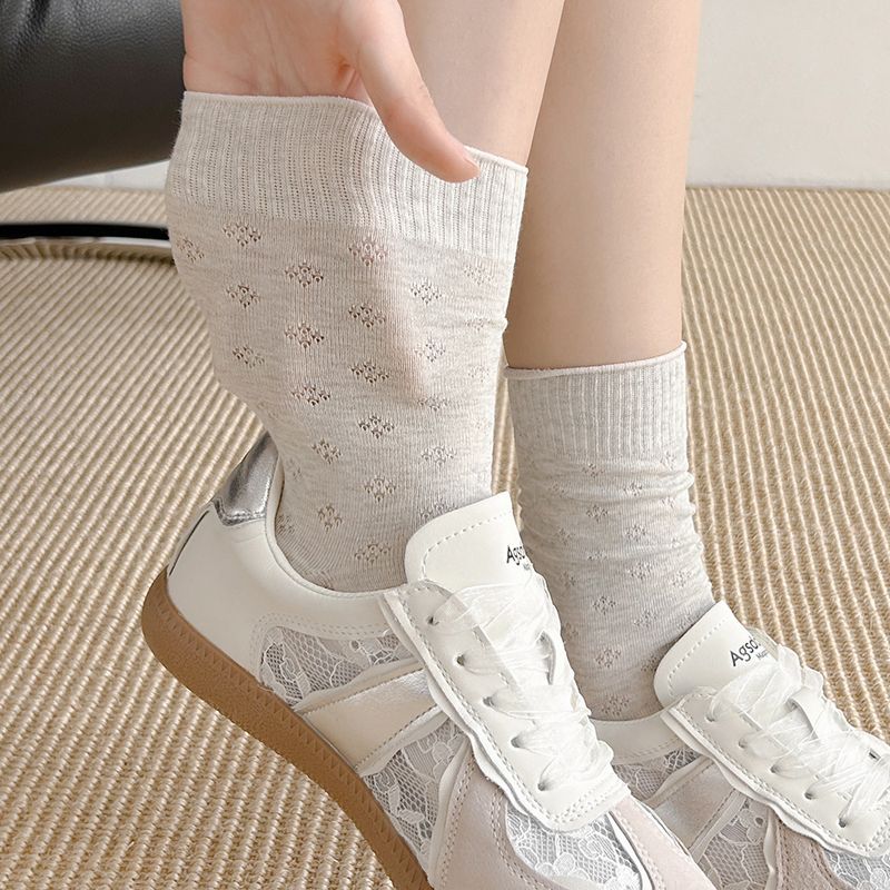 Women's Thin Ins Style, Solid Color, Hollow Mesh, Breathable, White Cotton, Loose Mid Calf Socks, New Wave_voghion.com