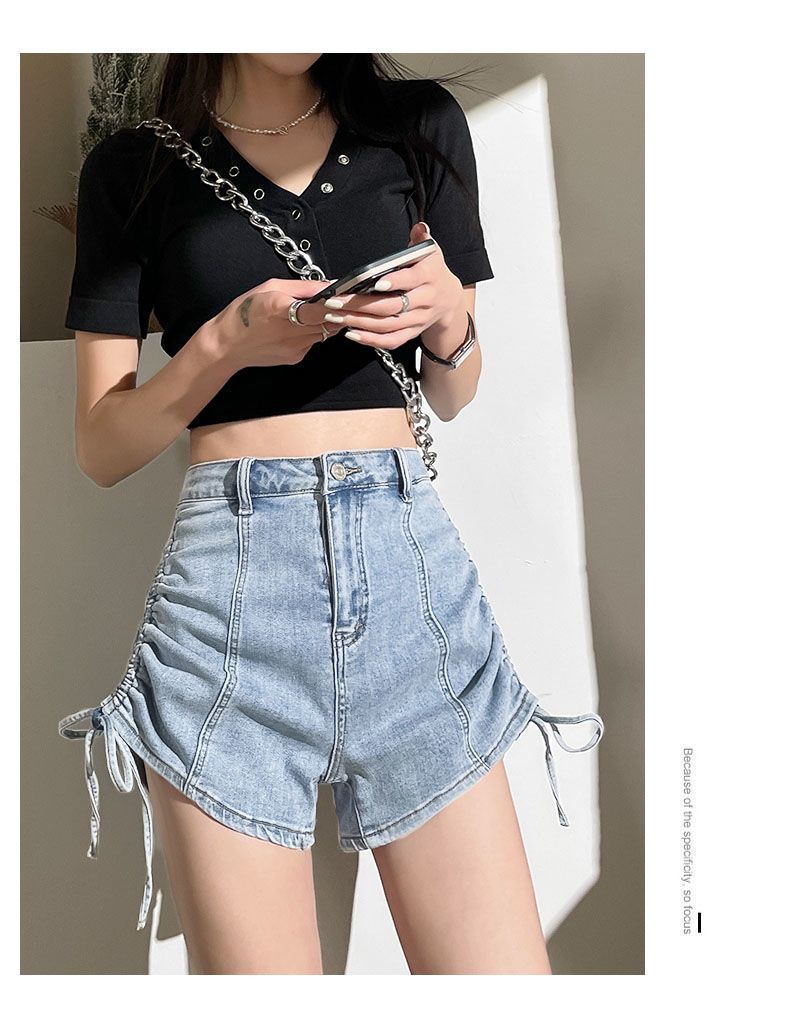 Strap drawstring denim shorts for women in summer, niche design with high waist slimming effect. Spicy girls have a_voghion.com