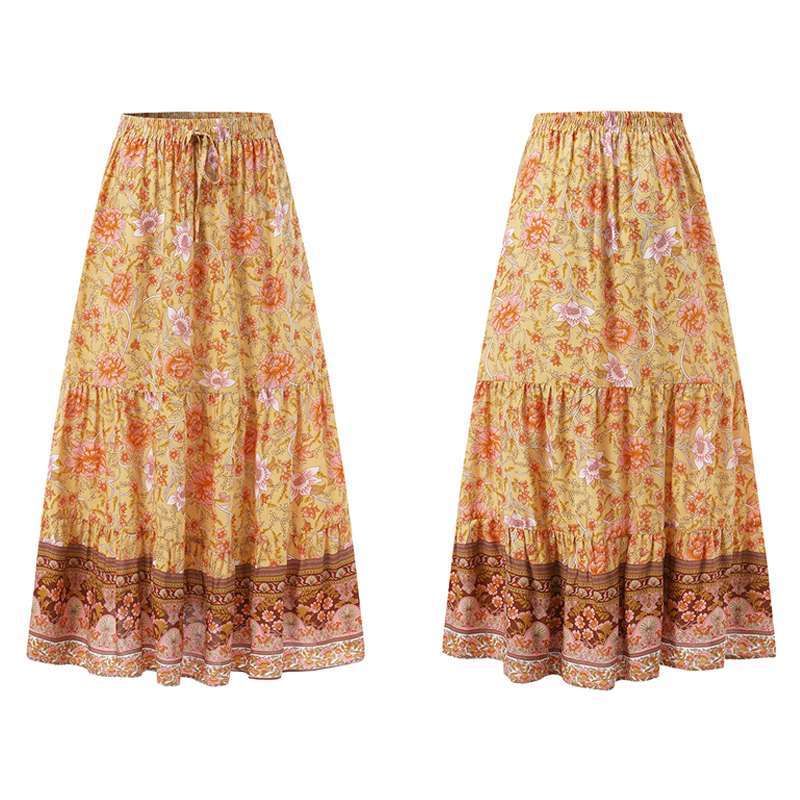 Damenbekleidung Sommer Blumen A-Linienrock, elastische hohe Taille_voghion.com