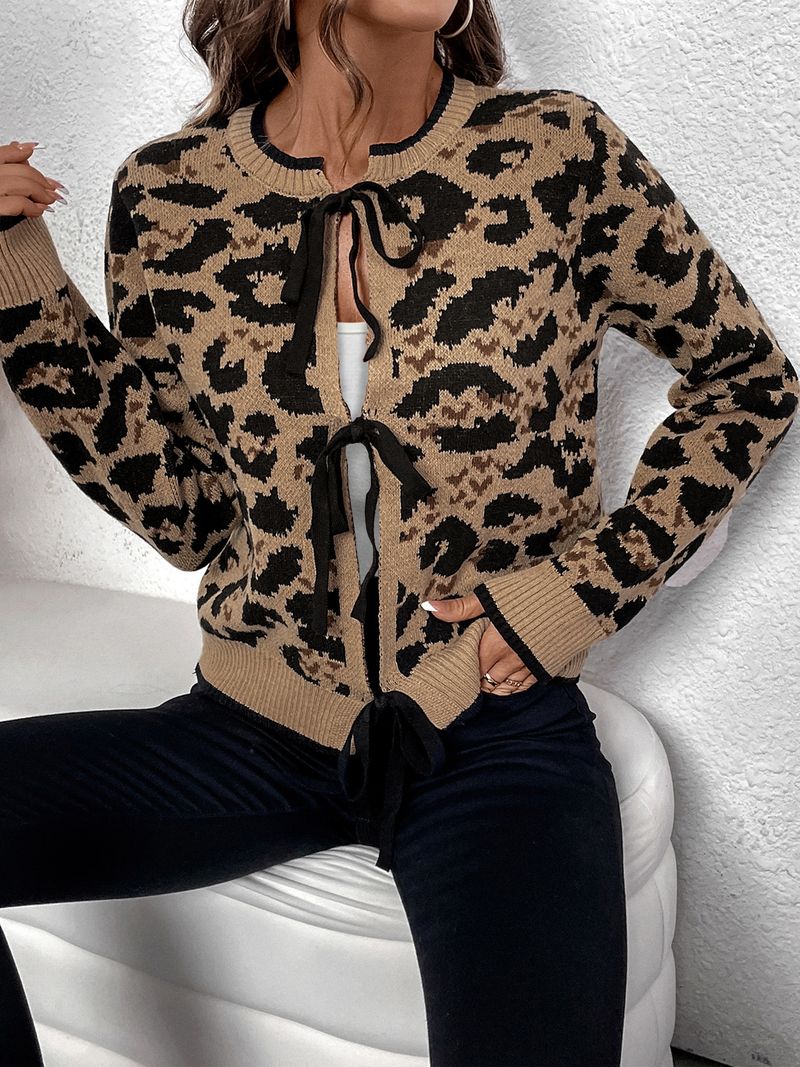 Women's Clothing new leopard print bow tie knitted sweater autumn and winter long sleeved cardigan top_voghion.com