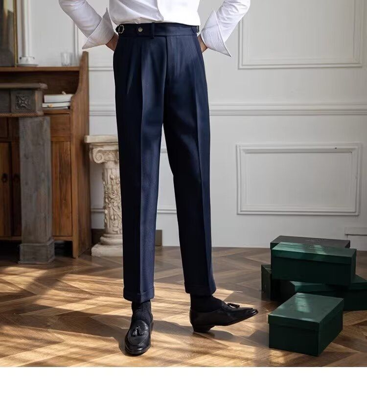 Herrenbekleidung Lässige Anzughose mit hoher Taille Herren Herbst Paris Schnalle Business Drape Gerade Hose Naples Retro Drape Anzughose_voghion.com