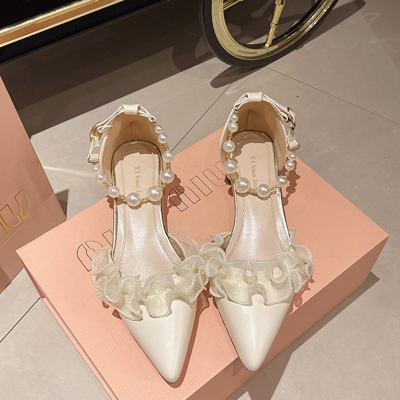 Spitze Einzelschuhe Damen Design Sense Nische Frühling und Sommer Abendbrise Sanfte Schuhe Mittlerer Absatz Französische Taschenkopfsandalen_voghion.com