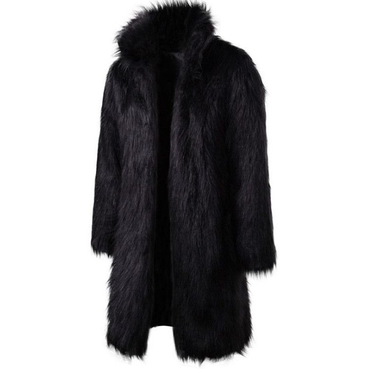 Men's Faux Fur Coat, Long Elegant Overcoat With Stand Collar, Velvet-Lined Winter Jacket In Black & White_voghion.com