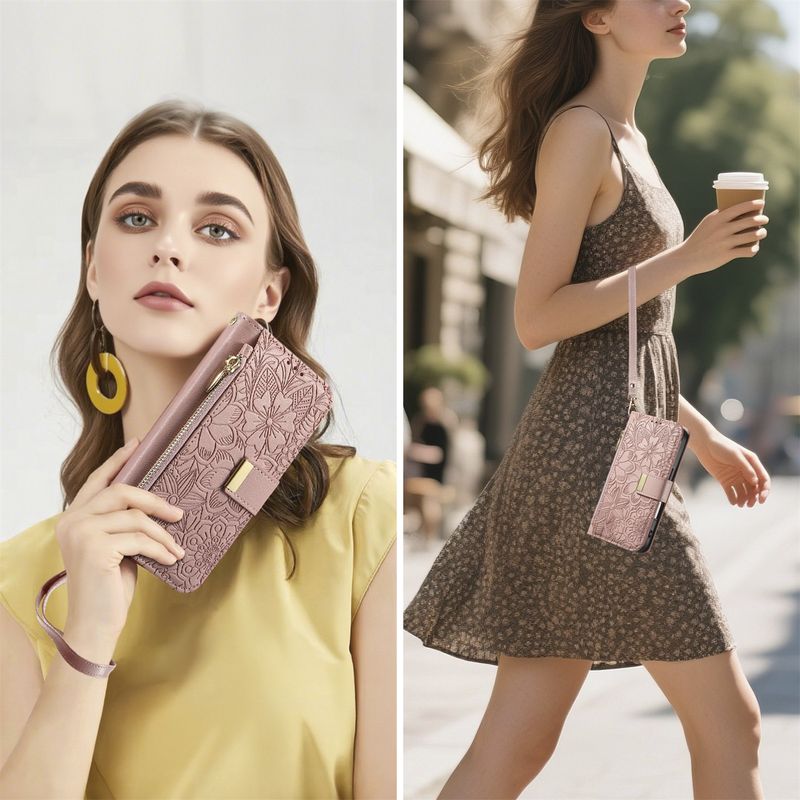 Custodia elegante e alla moda in pelle con flip per iPhone Air e 17 Pro di TechGlobe, con portafoglio a forma di fiore e foglia._voghion.com