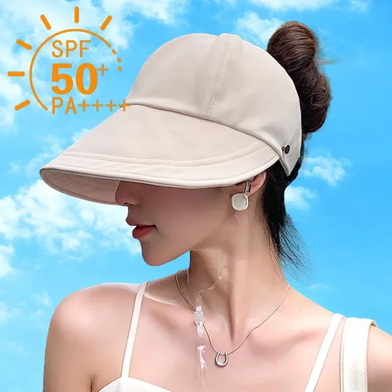 Fashion Korean Women Empty Top Foldable Wide Brim Sun Protection Hats Summer Visor Fisherman Face Mask Hook Hat Ponytail Cap_voghion.com