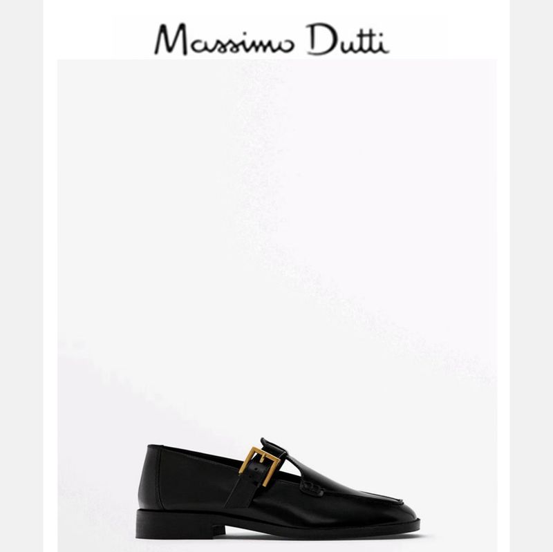Zapatos planos Massimo Dutti para mujer, primavera-verano 2024, con punta cuadrada y piel negra_voghion.com
