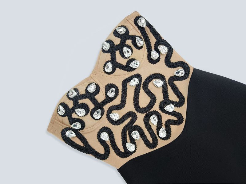 Elegante abito da sera con fasciatura in strass per donna - Abito aderente elasticizzato per feste e occasioni speciali_voghion.com