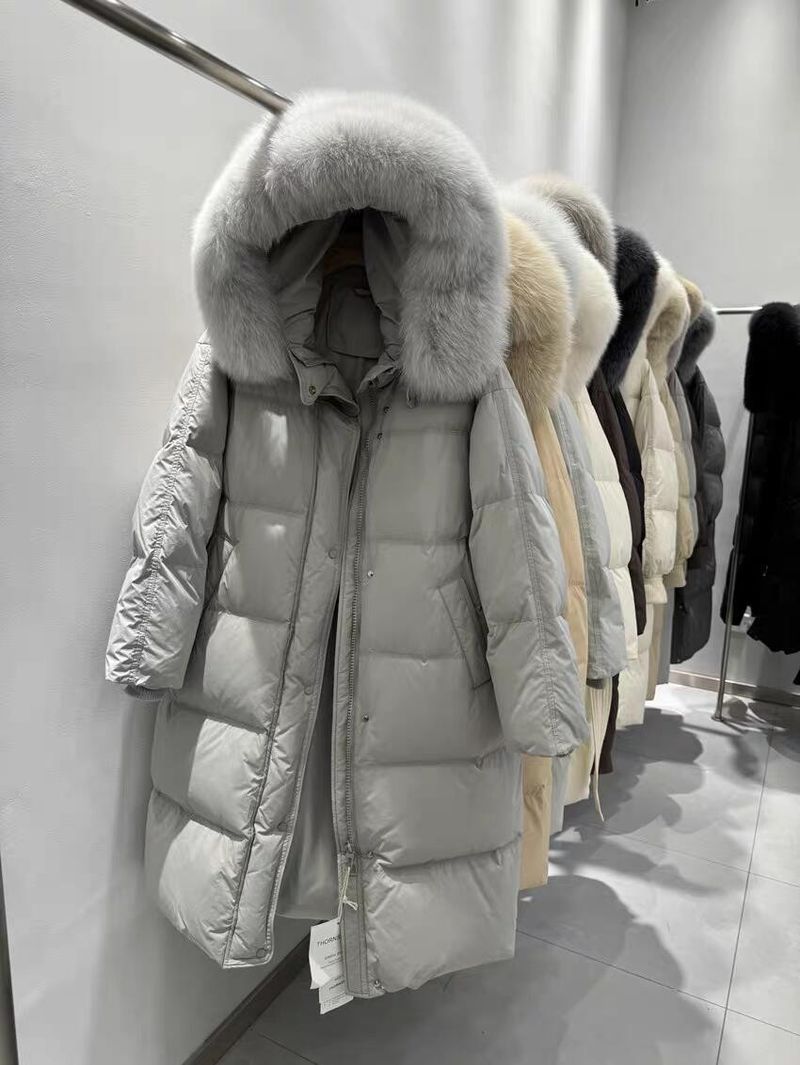 Women's Long Puffer Coat With Fox Fur Collar – Oversized Fit, RDS-Certified White Goose Down, Belted Waist For A Flattering Silhouette_voghion.com