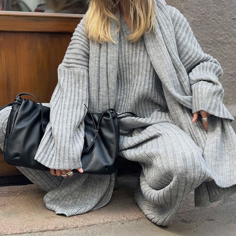 Oversized Knit Sweater & Scarf Set – Fall/Winter Women's Loungewear (Wine Red/Sage Green/Gray, S-L)_voghion.com