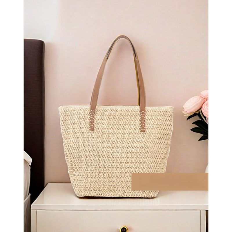 Borsa a mano casual francese di grande capacità della serie Forest 2024 Borsa a tracolla singola in paglia intrecciata da spiaggia estiva sottobraccio_voghion.com