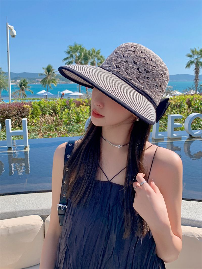 Nuovi arrivi Cappello di paglia con coda di cavallo da donna, visiera a tesa larga, estivo, regolabile, cappelli pieghevoli da spiaggia_voghion.com