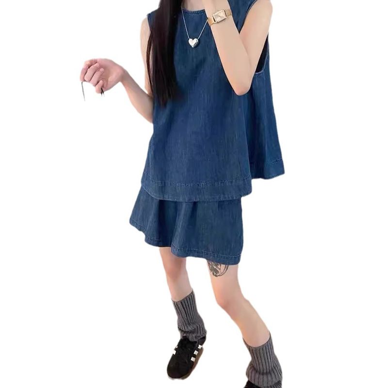 Audday 2024 New Denim Vest For Women Summer Korean Style Slimming Sleeveless Top Elastic Waist Shorts Two-Piece Set_voghion.com