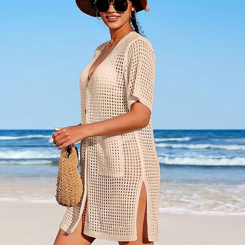Strandüberzug aus Spitze und Strick mit kurzen Ärmeln für Damen – leichtes, sonnenschützendes Bademoden-Überkleid für Urlaub, Pool und Sommerausflüge_voghion.com