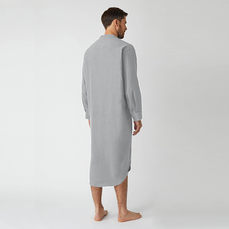 Man's clothing Fashion robe Long sleeve button solid color printed shirt Muslim men's robe_voghion.com