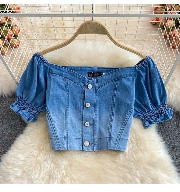 Abbigliamento da donna Gonna in denim lunga a trapezio con spacchi laterali, due set di top corto con colletto quadrato da donna_voghion.com