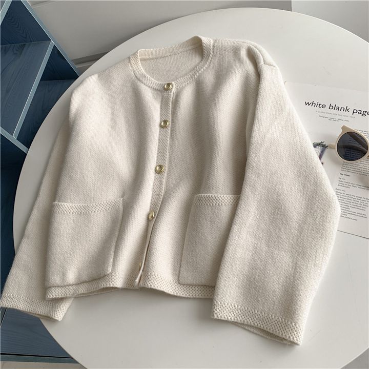 Cardigan in maglia grossa con bottoni dorati e doppie tasche – Maglione oversize con scollo a V e apertura frontale in crema/grigio/nero (XS-3XL)_voghion.com
